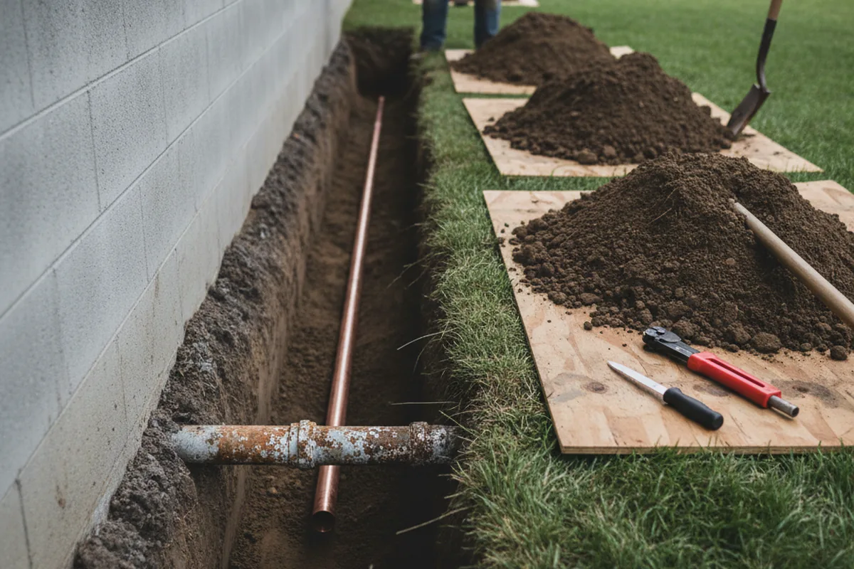 Excavated water line trench during Water Softener Installation in Hollywood